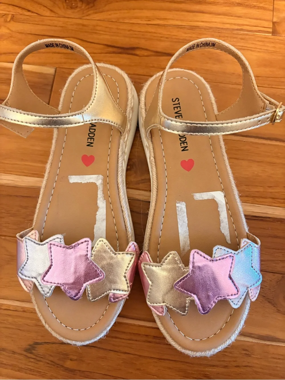 Steve Madden Metallic Gold Kids' Star Strap Sandals with Pink & Blue Accents
